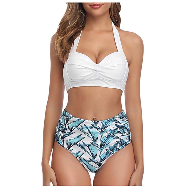 Women Vintage Swimsuit Two Piece Retro Halter Ruched High Waist Print Bikini Set
