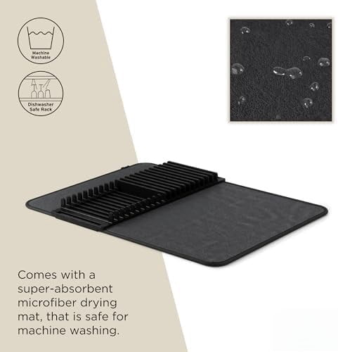 Udry Dish Rack and Microfiber Drying Mat – Space-Saving Design Folds Up for Easy Storage, Basic Rack, Black