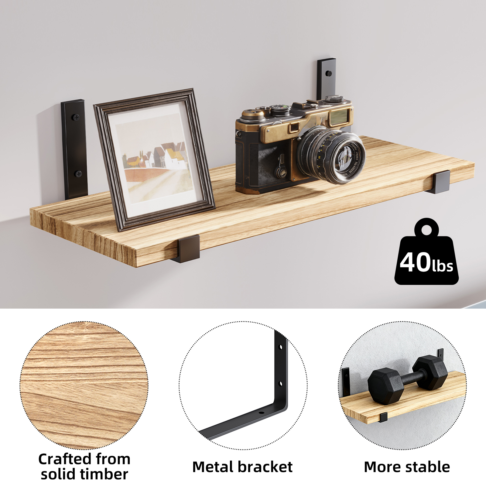 Tomnk 4.7 x 15.7 Inches Carbonized Black Floating Shelf Set of 5, Solid Wood Wall Shelves with Metal Brackets for Bedroom, Bathroom, Kitchen