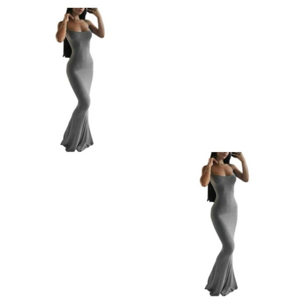 Minnieouse larga Vestido ajustado Ropa de fiesta Tirantes finos Midi Sin mangas Apretado Delgado Piel multicolor Cierre Multiusos Gris/XXL 2Conjunto
