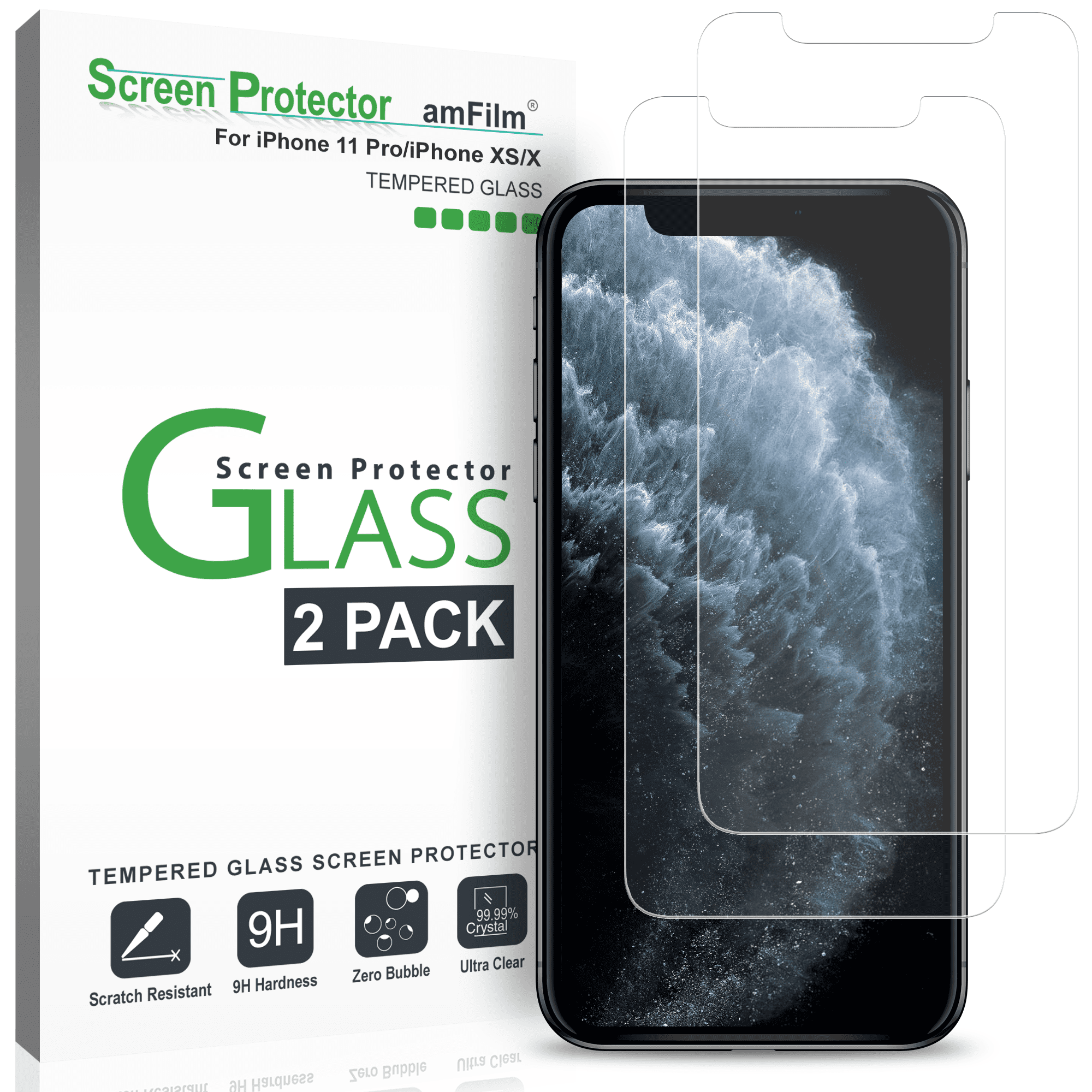 amFilm (2 Pack) Screen Protector for iPhone 11 Pro, iPhone XS (10S), and iPhone X (10) Easy