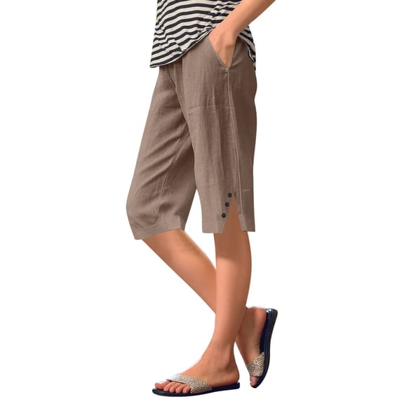 HNMKIU Women's Casual Loose Beach Shorts with Pockets Elastic Waist Knee Length Womens Pants Casual for Summer Outfits 02_Brown,L
