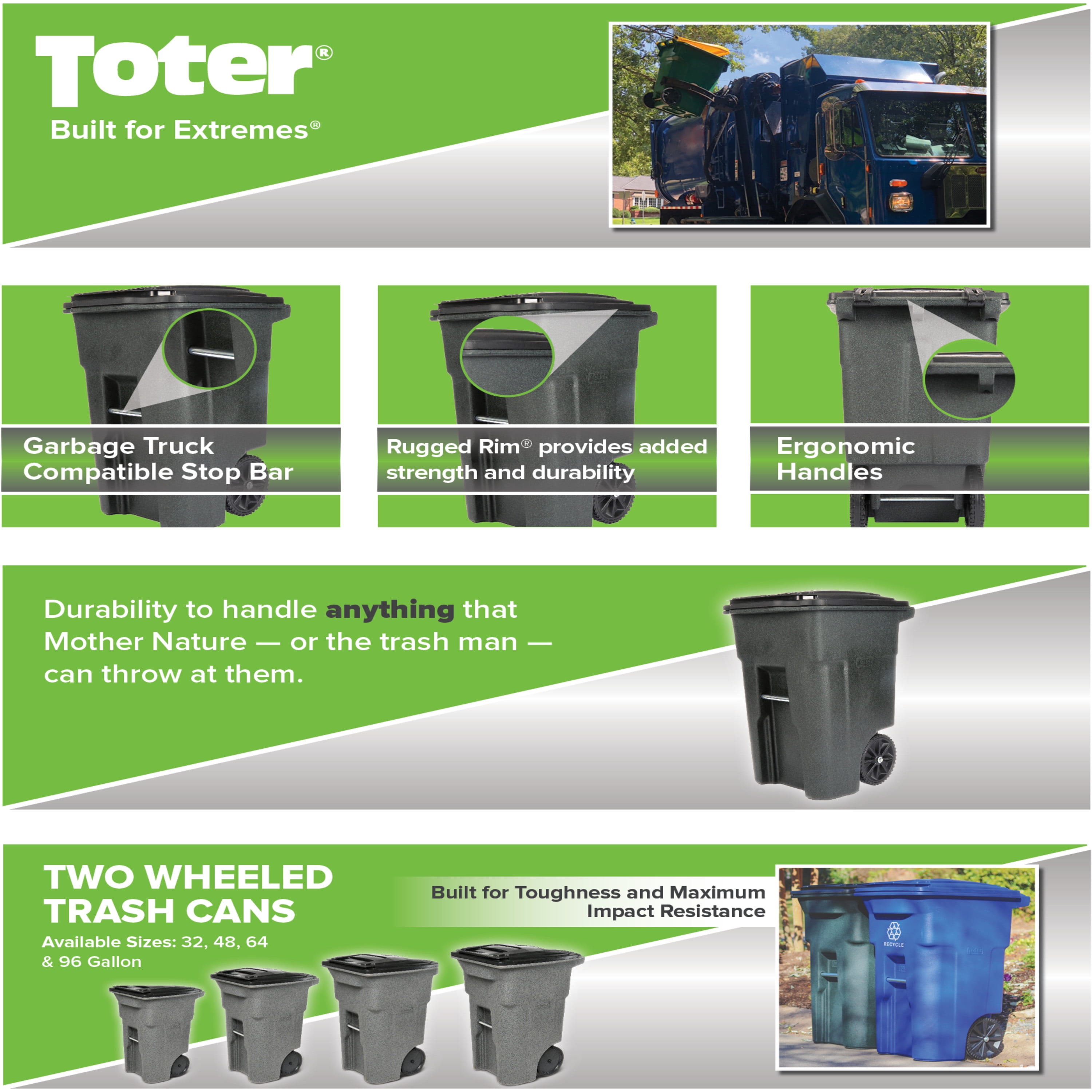Toter 48 gallon Garbage Can with Outside Wheels and Lid - Greenstone