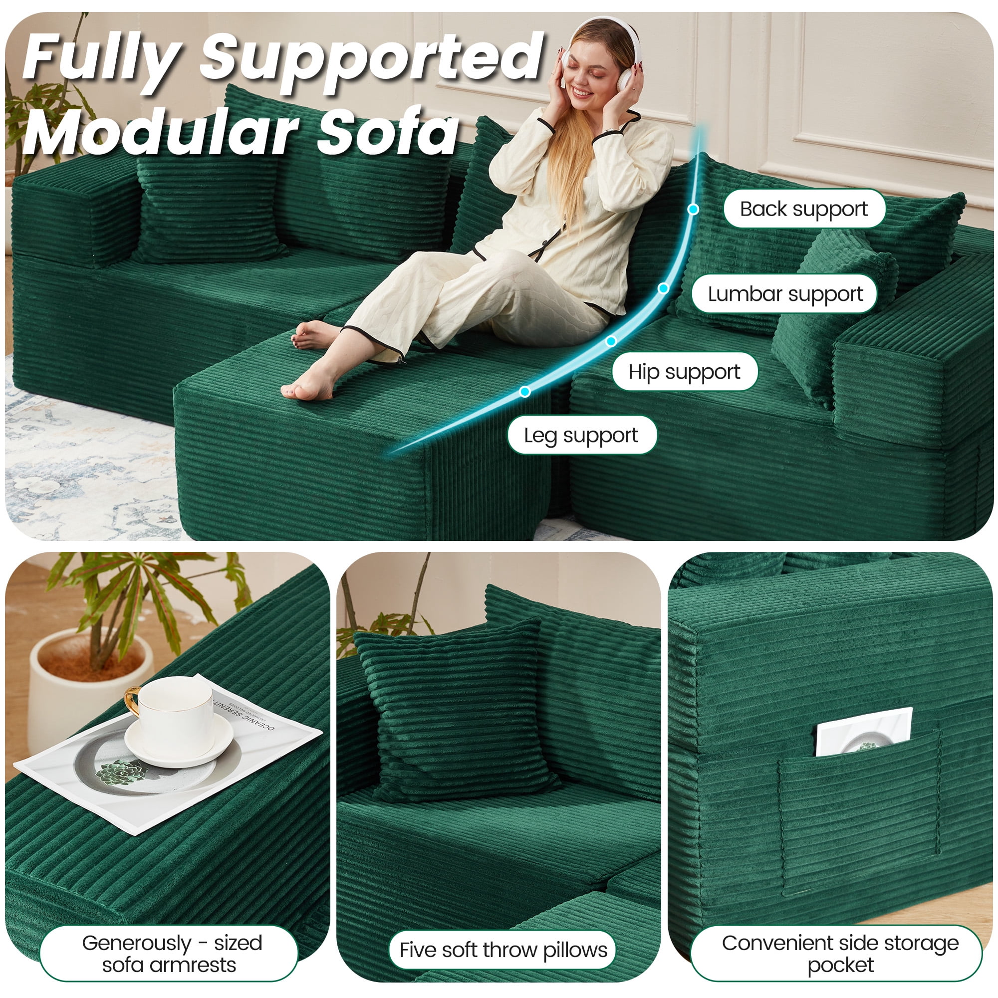 Vicluke 102" Cloud Couch Sectional, L Shaped Modern Sofa with Ottoman, Comfy Corduroy Fabric Modular Sectional Sofa in a Box, Boneless Couches for Living Room, No Assembly Required (Green)