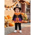 thumbnail image 4 of RUINIXCW Toddler Baby Girl Halloween Witches Costume Kids Pumpkin Costume Infant Girl Fall Cosplay Outfit Long Sleeve Collar Babydoll Shirt and Pants Hat Set, 4 of 10