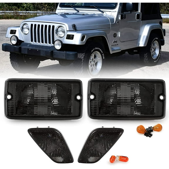 USR Side Marker Lights - 4 Pieces COMBO Smoke Lens Bumper Turn Signal Lamps   Fender Side Markers Set Compatible with 1997-2006 Wrangler TJ Chass (Smoked with x4 Amber Bulbs Included)