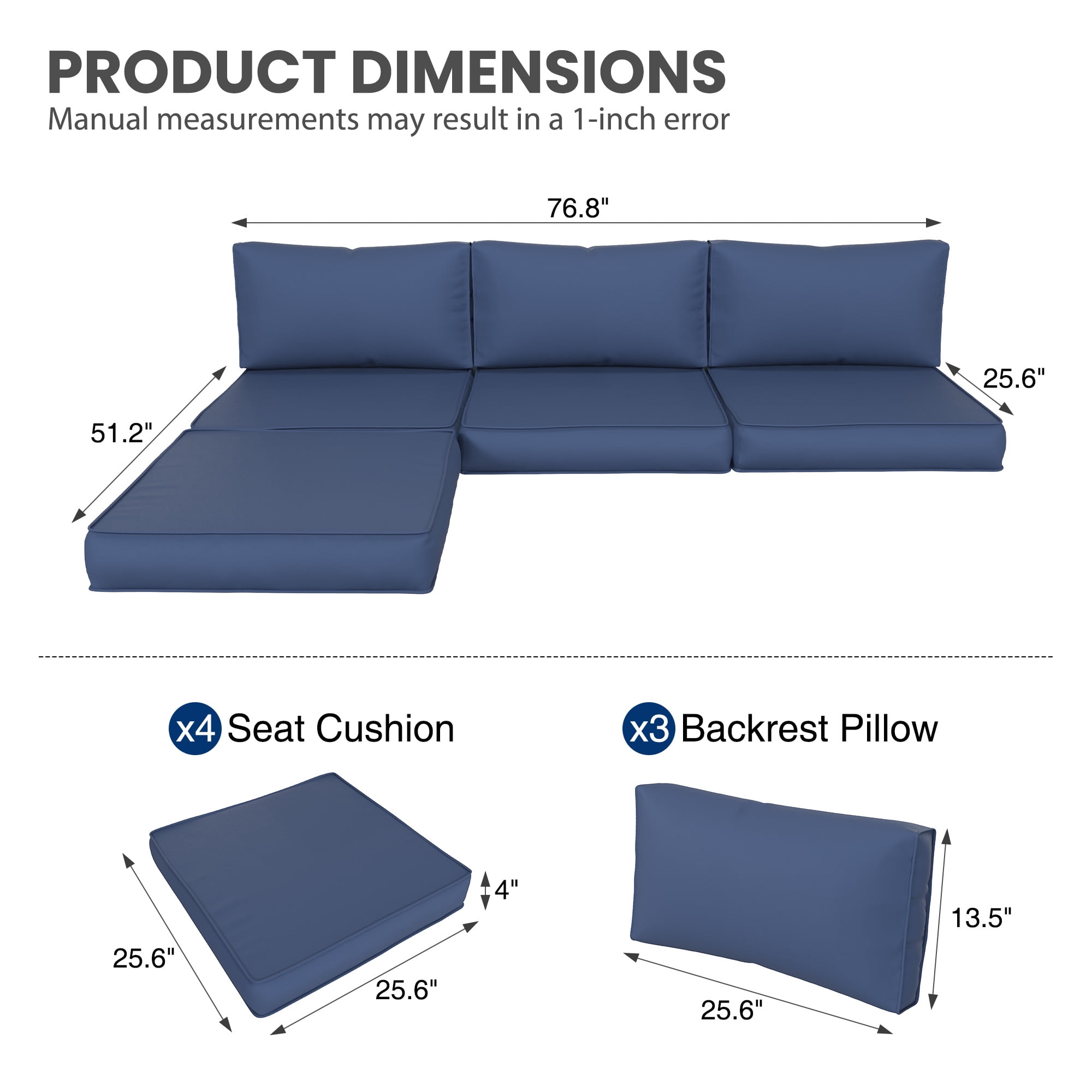 MRUAKA Outdoor Cushions for Patio Furniture, 7-Piece Replacement Cushions for Outdoor Furniture, Water-Resistant Patio Cushions, Outdoor Couch Cushions for 4-Seat Outdoor Sectional Sofa (Navy)