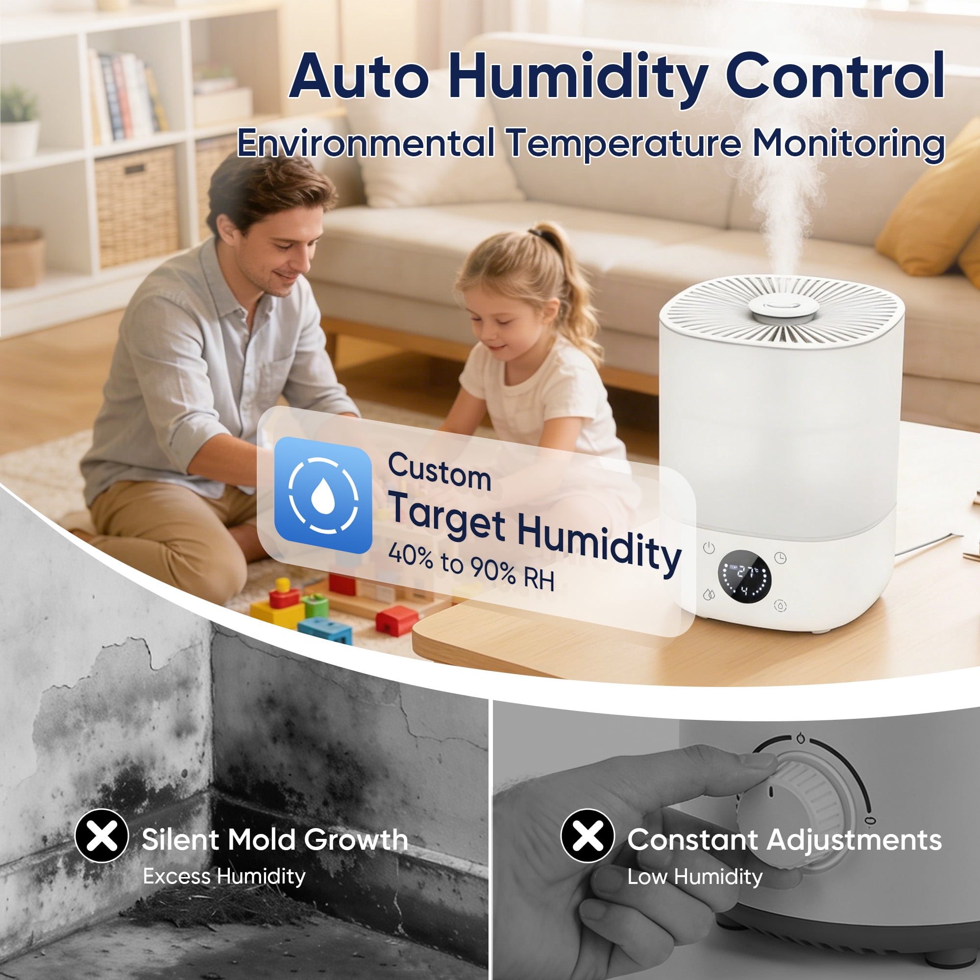 AIRFIRE 4L Cool Mist Humidifier with Auto Humidity Control and Timer for Large Room, Essential Oil Diffuser Air Humidifiers for Bedroom, Overnight Use, Quiet Run, Night Light, White