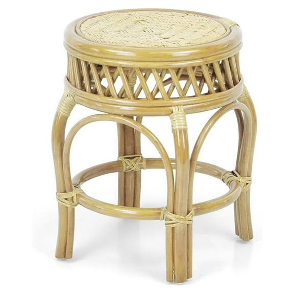 Rattan Stool Ginger Handmade Wicker Fully Assembled Natural - Tropical Style Accent Seat for Living Room, Bedroom, Patio, 14" D x 18" H