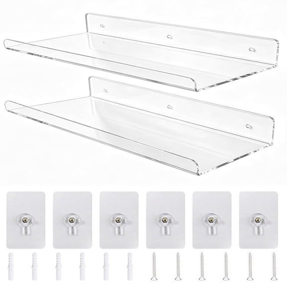 2 Pack Clear Acrylic Floating Shelves, Wall Mounted Display Shelf Organizer for Living Room, Bedroom, Bathroom, Kitchen, Office, 12 Inch Invisible Floating Wall Shelves, Picture Ledge Shelf