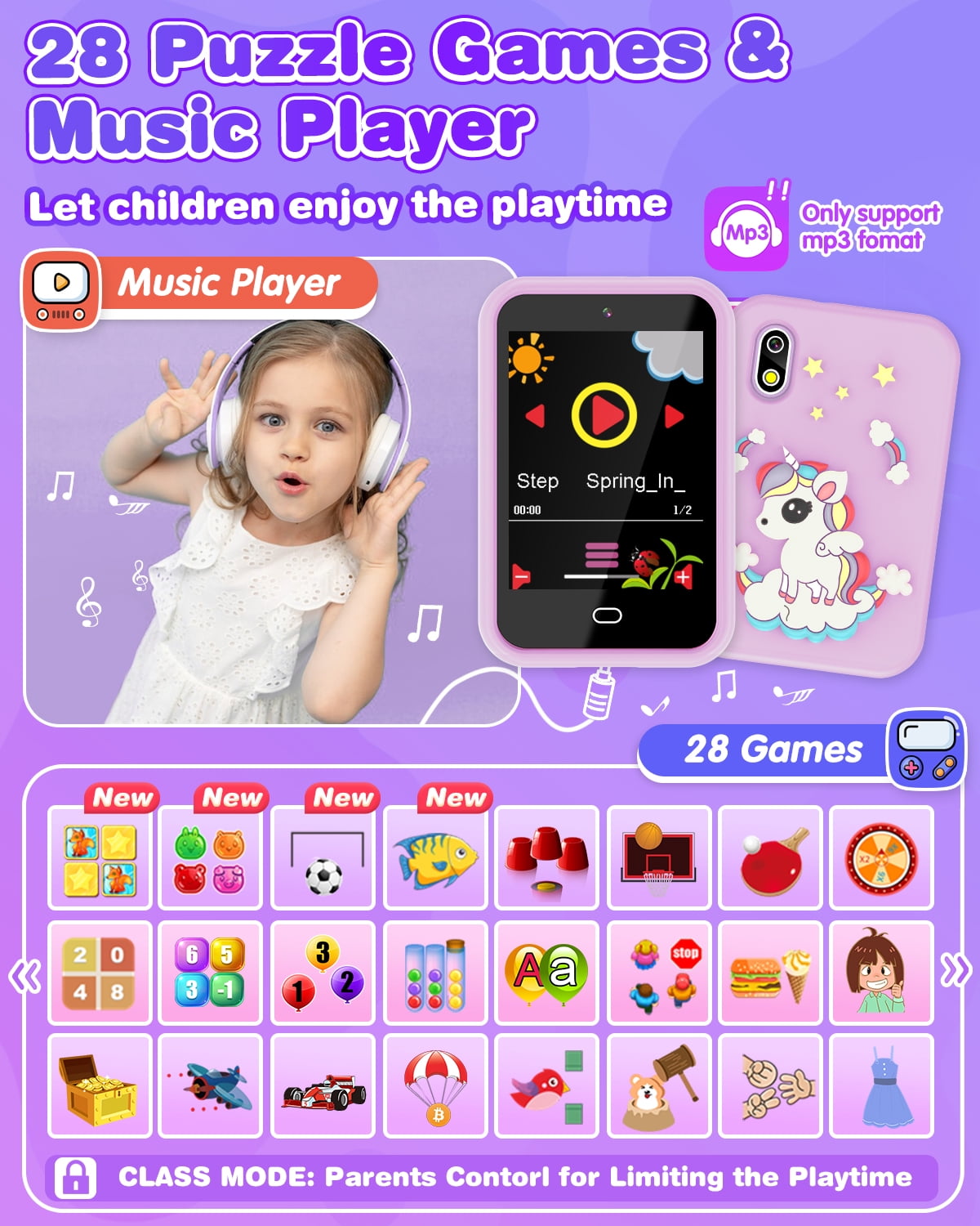 Kids Cell Phone Unicorn Gifts for Girls Age 6-8 Touchscreen Kids Phone Learning Toy with Dual Cameras Music Games Stories 8G SD Card Christmas Birthday Gifts for 3 4 5 6 7 8 Year Old Girls