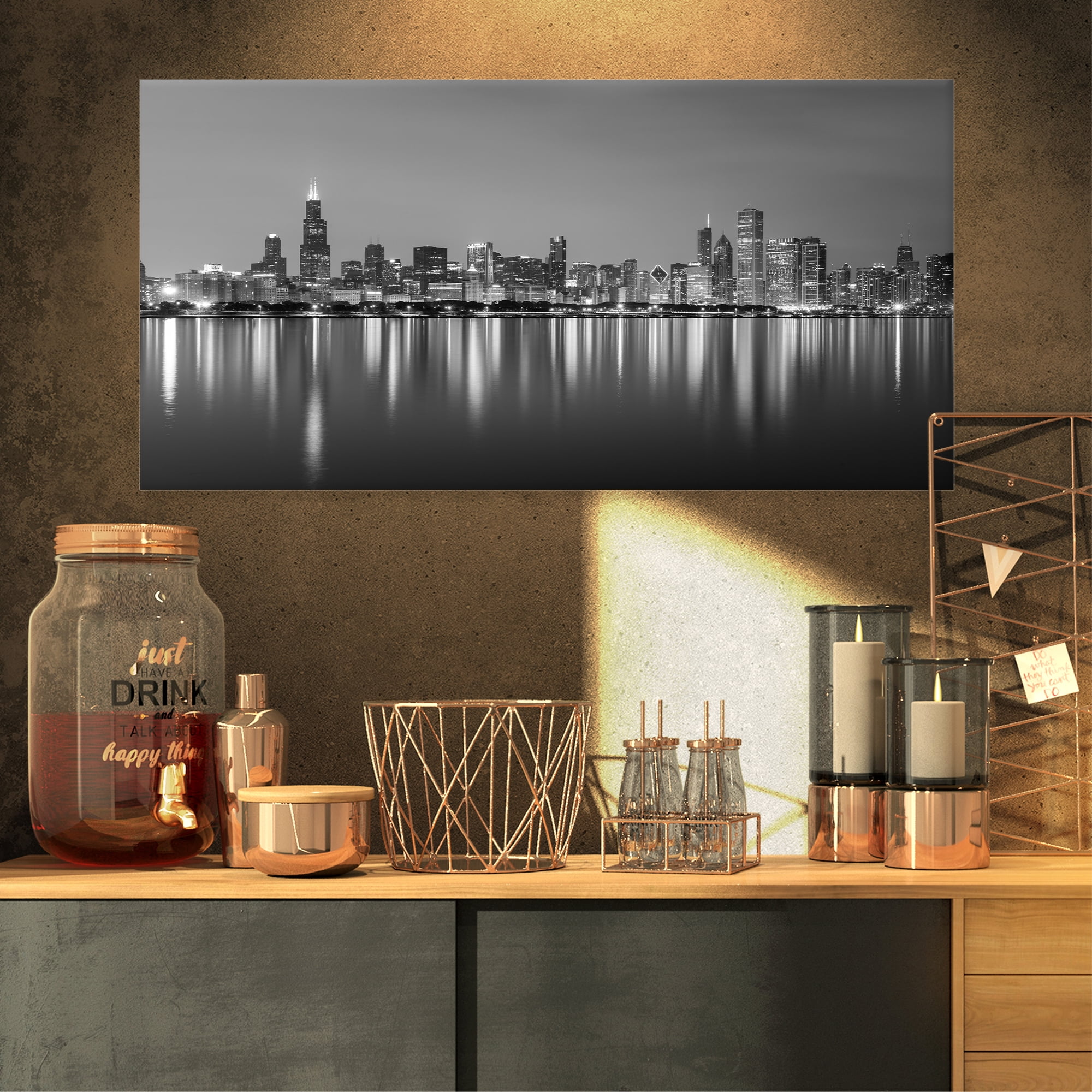 Designart 'Chicago Skyline at Night Black and White ' Cityscape Canvas Print