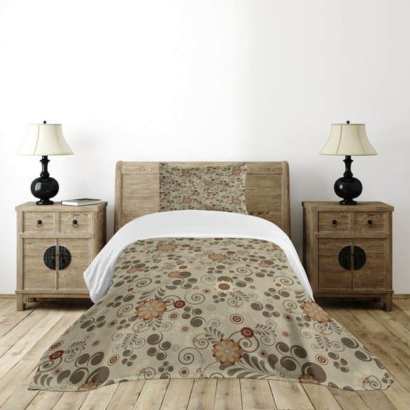 Ambesonne Grunge Quilted Bedspread Set 2 Pcs, Swirls Curves and Dots, Twin Size, Tan Redwood Pale Brown