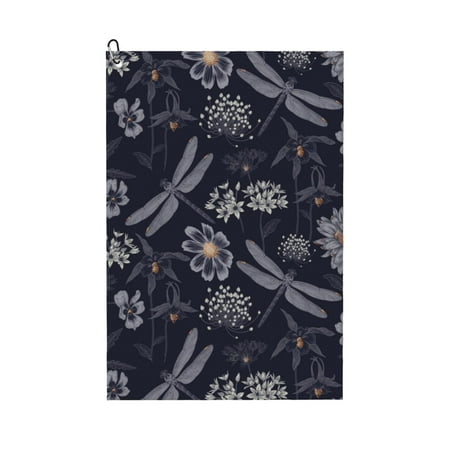 Golf Towels for Golf Bags For Men Women - Wildflowers And Dragonflies 24x16in Absorbent Quick Drying Golf Towel for Cleaning Golf Ball Club Golf Bag Accessories with Carabiner