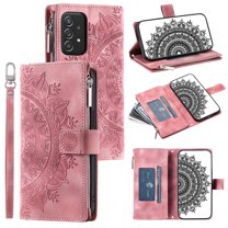 K-Lion for Samsung Galaxy A54 5G Wallet Case, Classical Embossed Pattern PU Leather Soft TPU Card Slots Zipper Pocket Magnetic Closure Lanyard Crossbody Shoulder Strap Kickstand Function Case,Pink