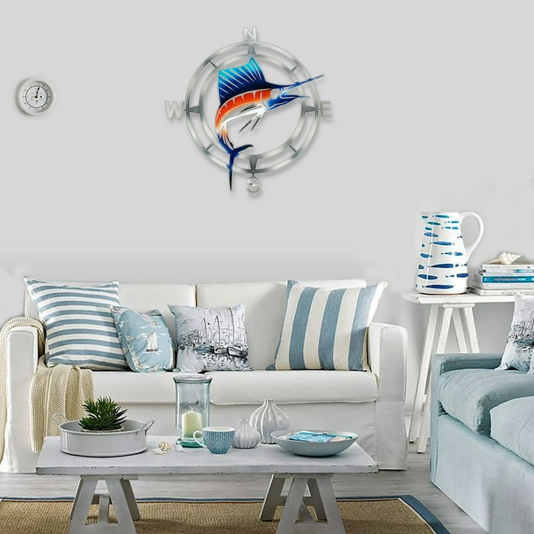 Silver Compass Rose With Blue and Orange Leaping Sailfish Decorative Metal  Cut-Out Wall Art Décor / Nautical Themed Decoration for your Home or Boat