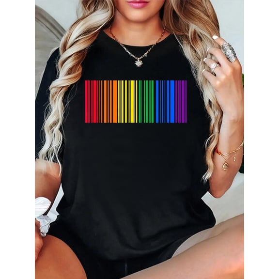 Cotton Rainbow Flag Queer Gay Pride CSD Barcode LGBTQ T-Shirt Women's Graphic Tee Casual Tops