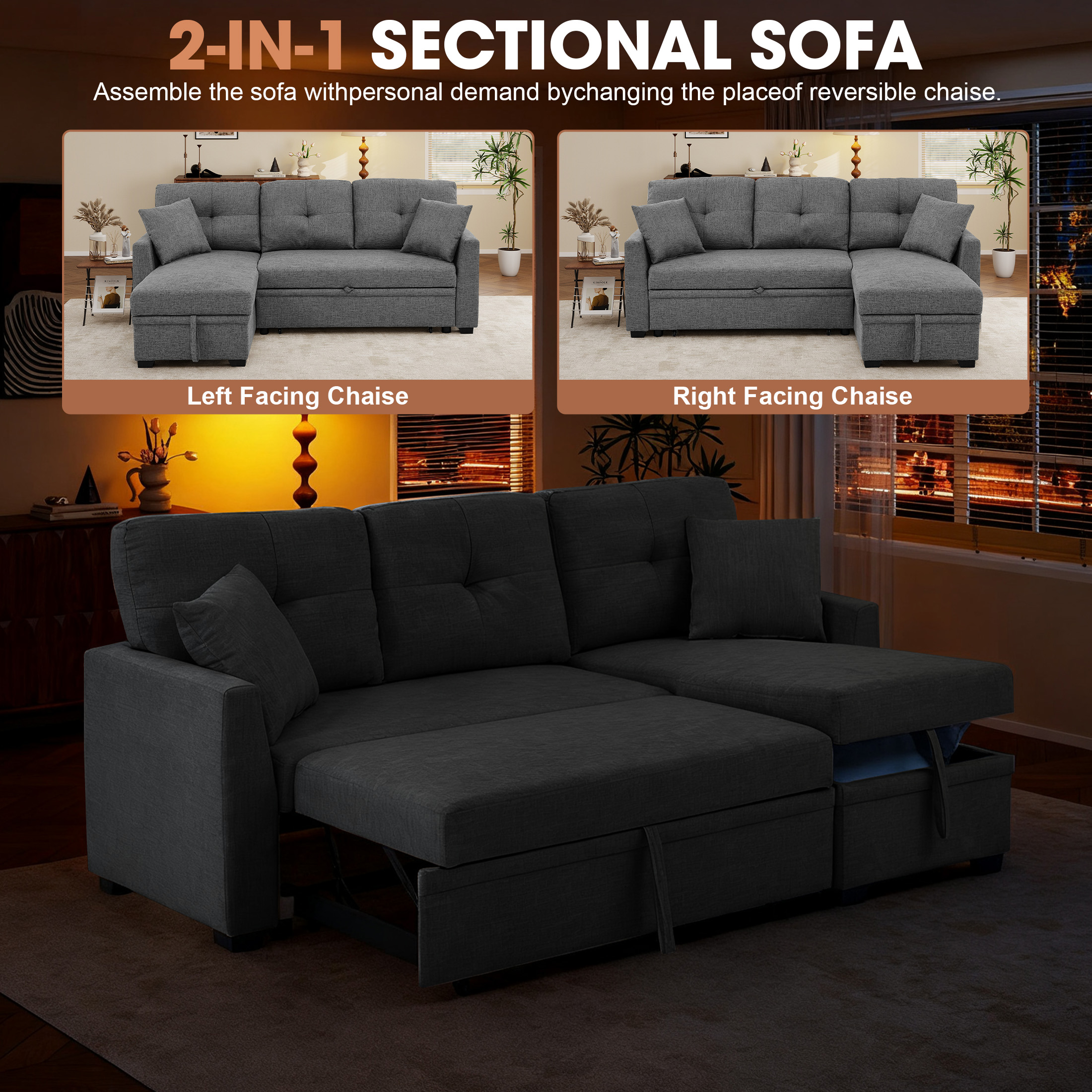 Aukfa Pull-Out Sleeper Sofa Bed with Storage Chaise, Reversible Loveseat for Living Room, Linen, Light Gray