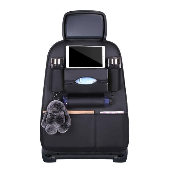 2 Pack Leather Car Backseat Organizer with Foldable Table Tray, Universal Car Seat Back Protector Kick Mat with Touchscreen Tablet Holder, Storage Pockets, Cup Holders and Tissue Holder