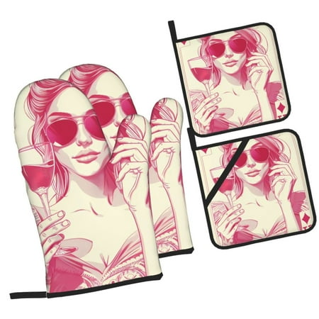 

Fotbe Ace Of Diamonds Lady for 4Pcs Oven Mitts and Pot Holders 500℉ Heat Resistant Oven Mitts Non-Slip Silicone Surface Safe for Baking Cooking BBQ