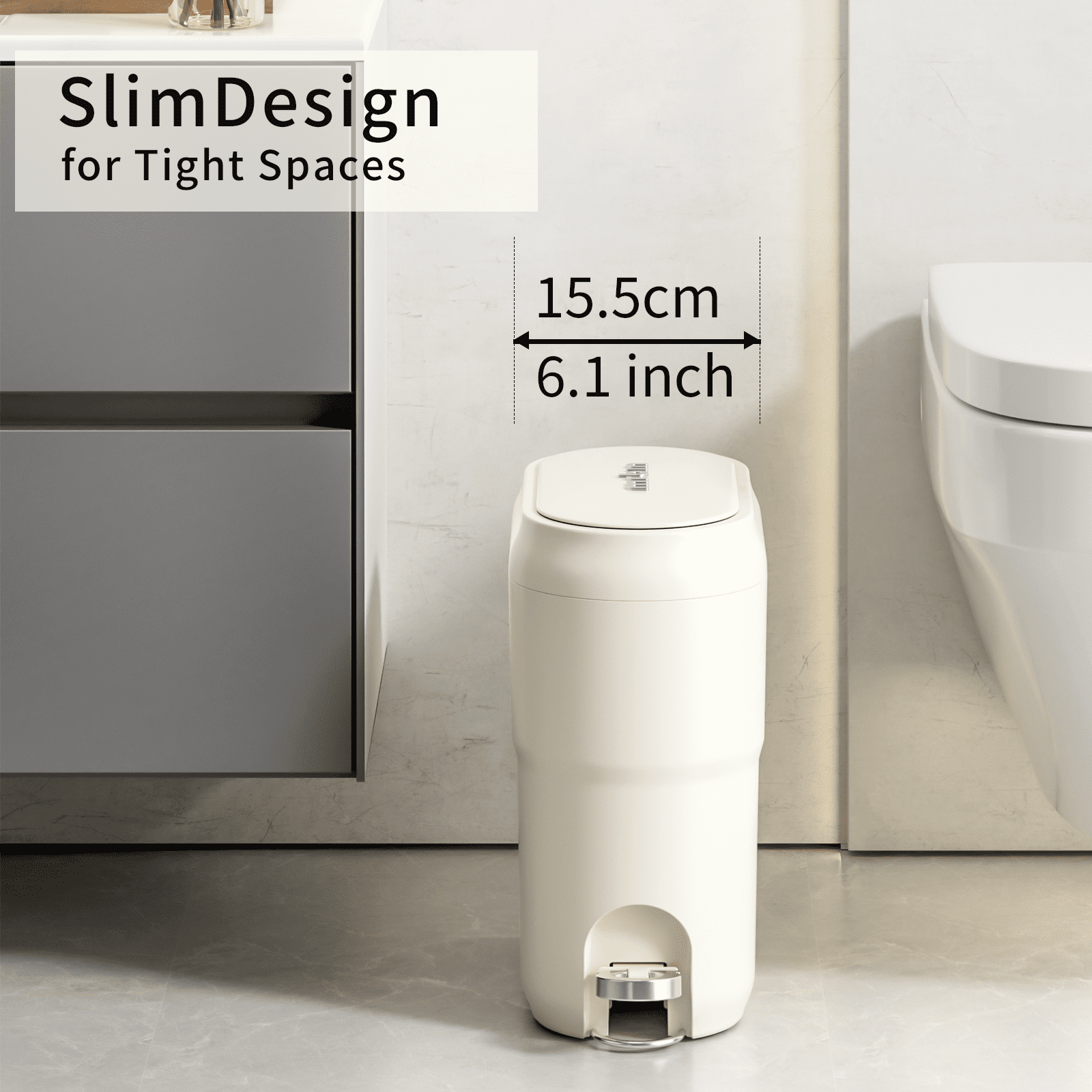 MRBIN Step Trash Can with Press Top Lid Slim, Compact Touchless Garbage Bin for Bathroom, 9L / 2.4 Gal Small Pedal Waste Basket for Narrow Apartment Dorm Office, Kitchen, Bedroom, Cream White