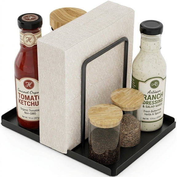 YEyangqi Napkin Holder for Table, Black Metal Paper Napkin Dispenser with Spice Caddy, Kitchen Dining Table Organizer, Stand-Up Napkin Storage with Non-Slip Base, 8.2"L x 6.5"W x 5.7"H