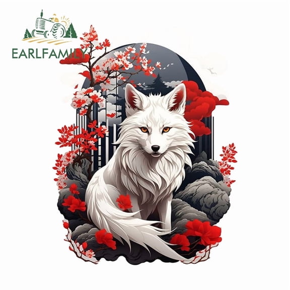 EARLFAMILY 5.1" Japanese Fox with Flowers Car Sticker Creative Amusing Occlusion Scratch Waterproof Vinyl Decal Suitable for Motorcycle Laptop Truck