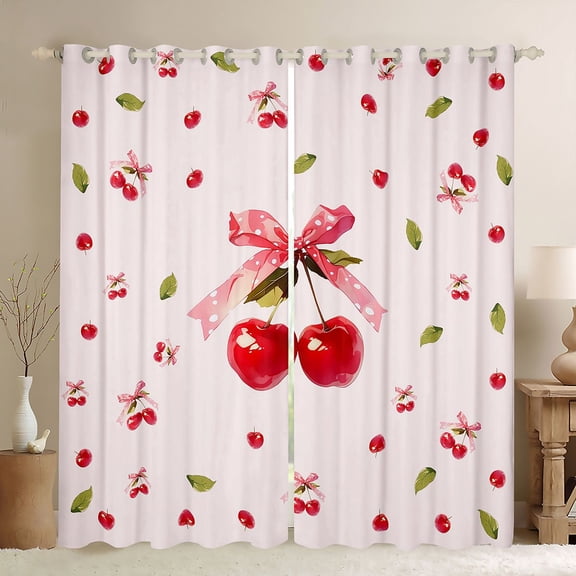 Manfei Red Cherry Bow Print Black Out Curtains for Girls, Sweet Fruit Ribbon Bows Curtains Pack of 2 (42x63 Each)
