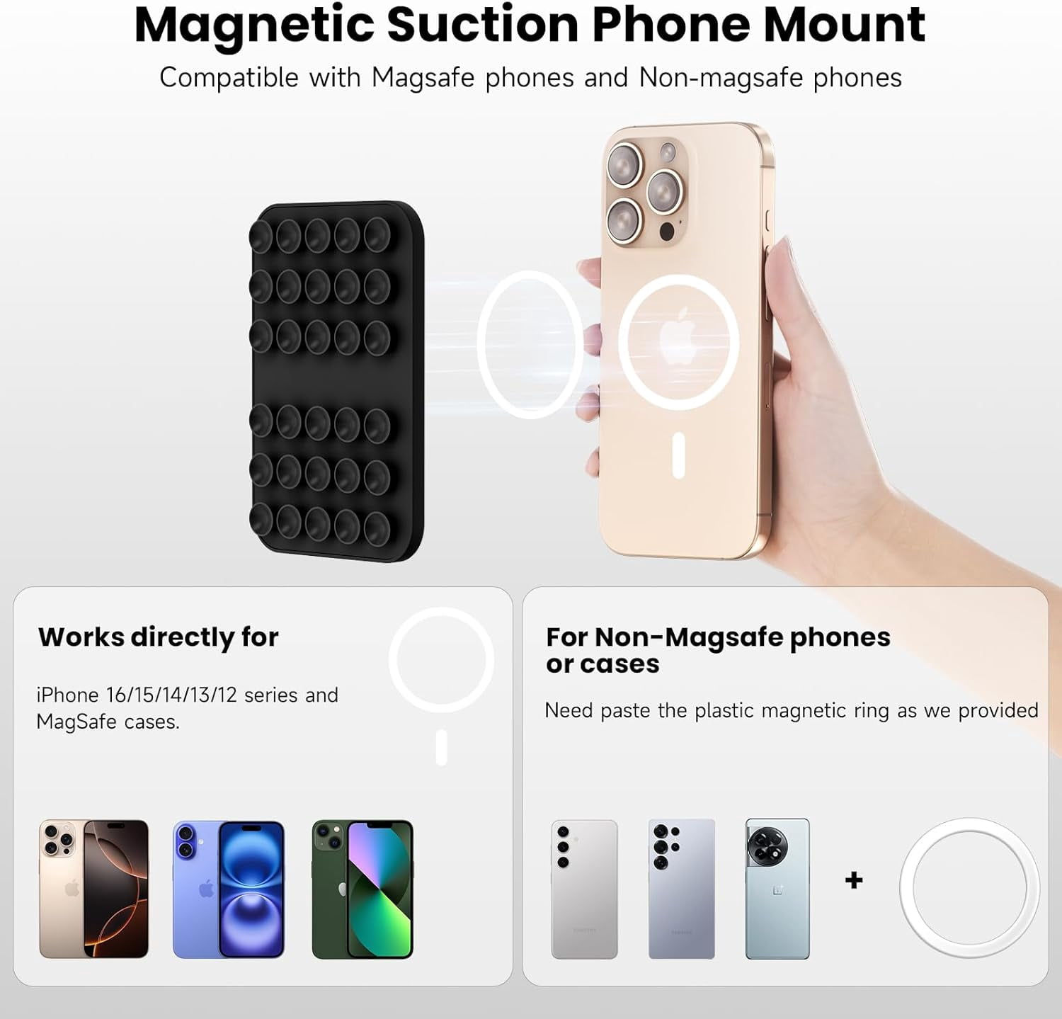 MKEUDQ-Patented Magnetic Sticky Phone Suction Grip Mount for MagSafe Case,Magnet Silicone Portable Stand Holder for iPhone 16/15/14/13/12 Series and Android, Hands-Free Selfies and Videos