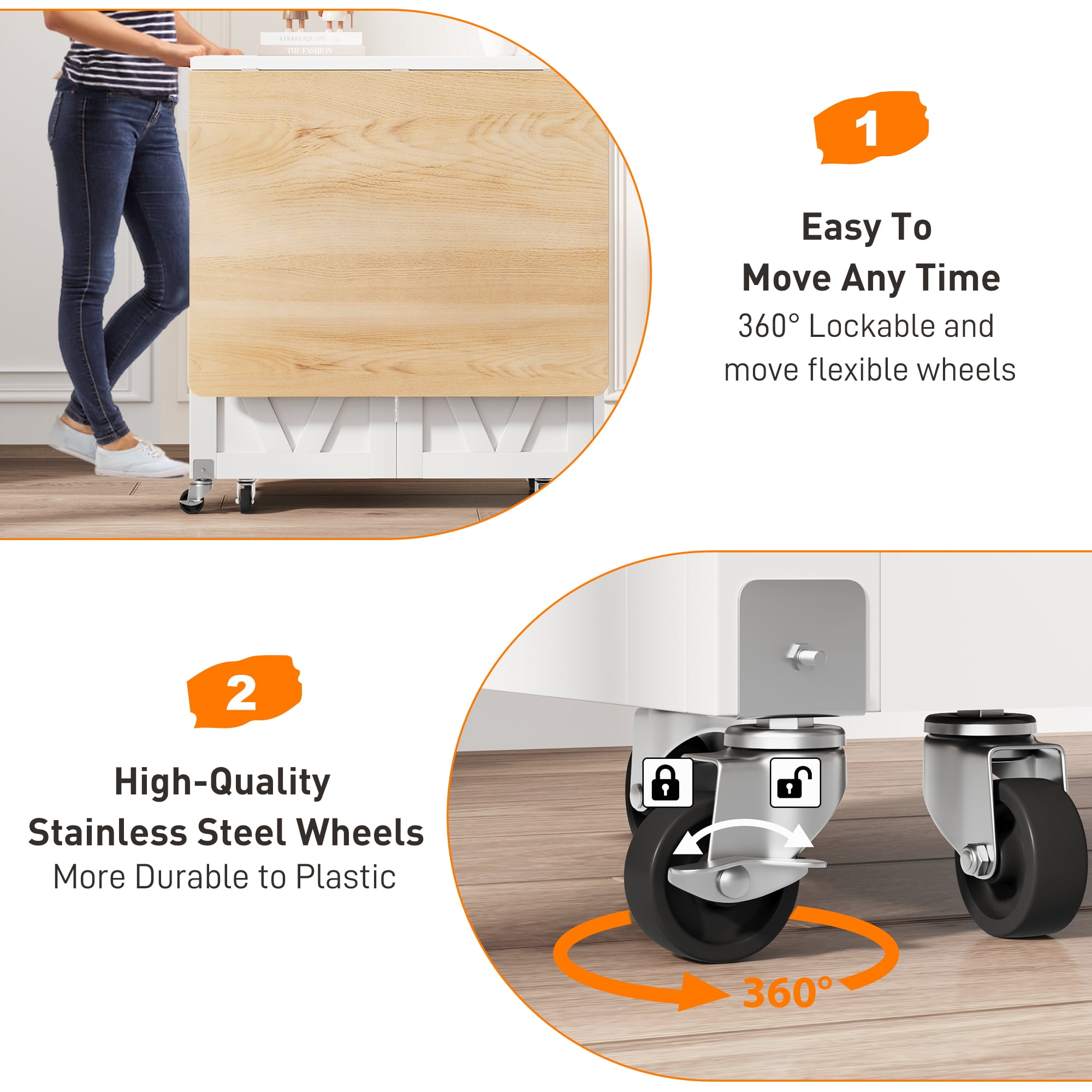 Hijob Space Saving Versatile Folding Kitchen Dining Table with Wheels & Storage Shelf for Small Apartment