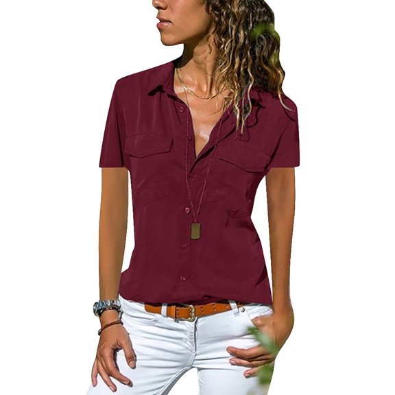 Zdcdcd Women's Solid Color Pockets Shirts Lapel Collar Short Sleeve Buttons Blouses