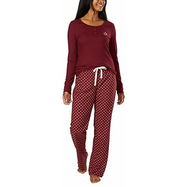 Calvin Klein Womens 2 Piece Fleece Pajama Set (Maroon/Logo Print, Small) -  