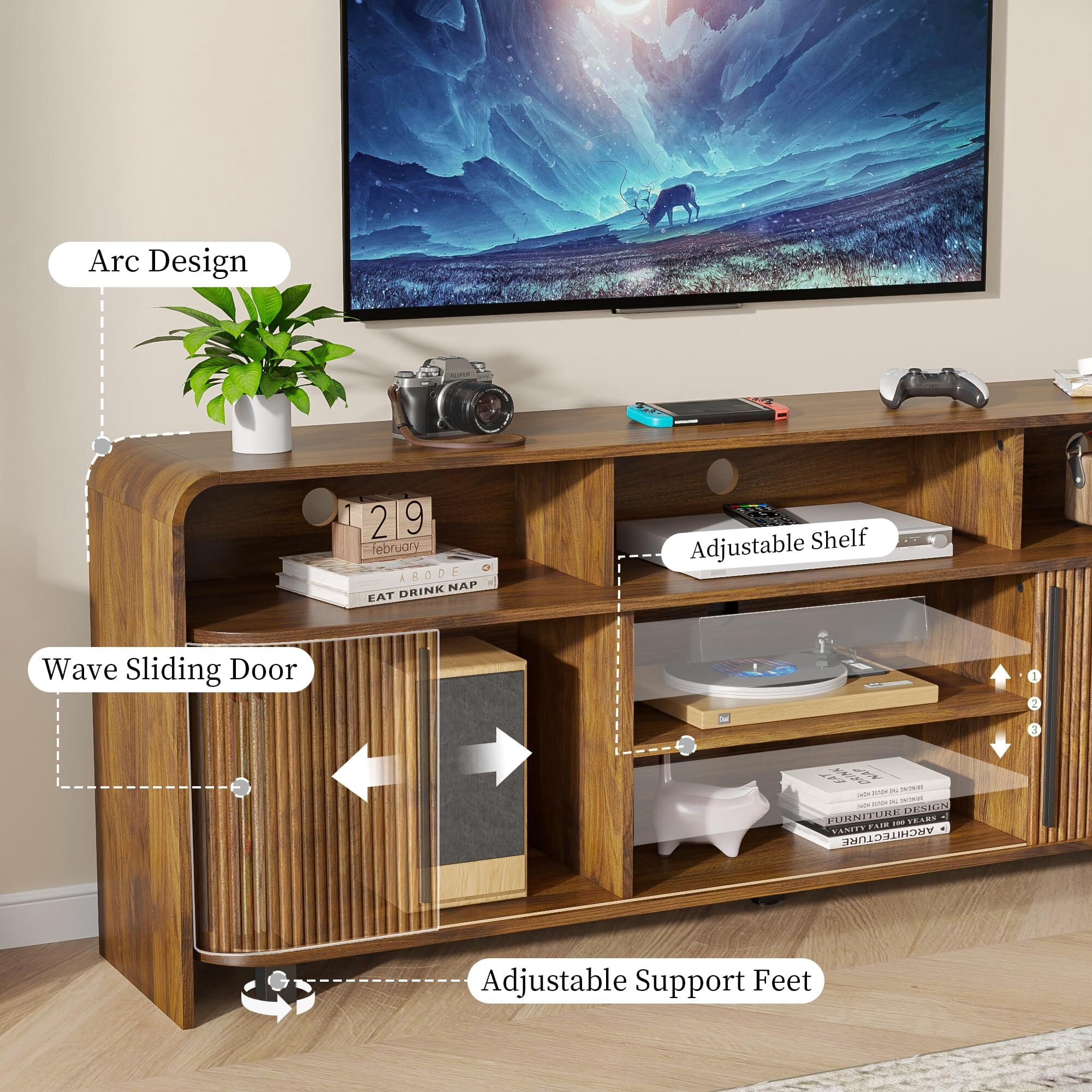 Fluted TV Stand for 65-80" TV, 70" Mid Century Modern Console, Large Walnut Entertainment Center with Storage, Sliding Doors
