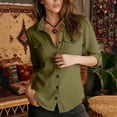 thumbnail image 5 of AherBiu Button down Shirt for Women Cotton Linen Lapel V Neck Long Sleeve Tops Vintage Lightweight Blouse(Medium,Army Green), 5 of 8