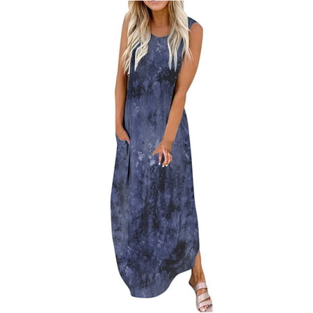 

Summer Dress for Womens Bohemian Crew Neck Sleeveless Floral Printed Long Tank Dress Casual Pleat Sundress Beach Dress