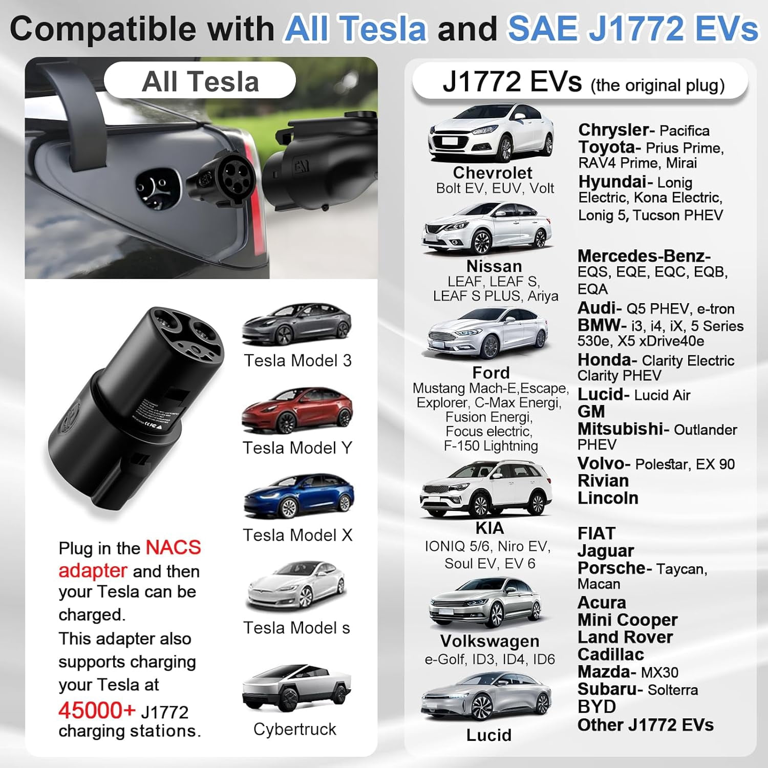 SubSun Universal Portable Level 2 EV Charger 50Amp 240V Electric Car Charger for All North American EVs Includes J1772 and Tesla, 25FT EV Charging Cable with NEMA 14-50 Plug (with Tesla Adapter)