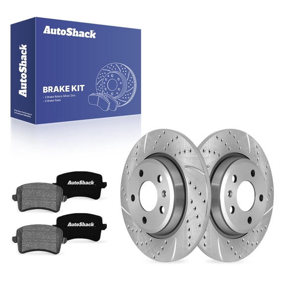 AutoShack Rear Solid Drilled & Slotted Silver Zinc Coated Brake Rotors   Ceramic Pads 6-PC Brake Kit Replacement for 2009-2016 Audi A4 2009-2012 Audi Q5 SilverShield Pro 11.81" (299.9 mm)