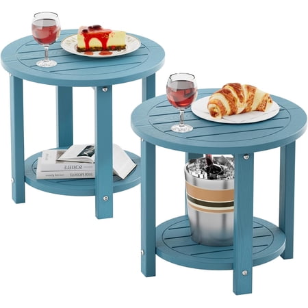 Outdoor Side Table Blue 16in HIPS Small Round 2-Tier Patio Tables