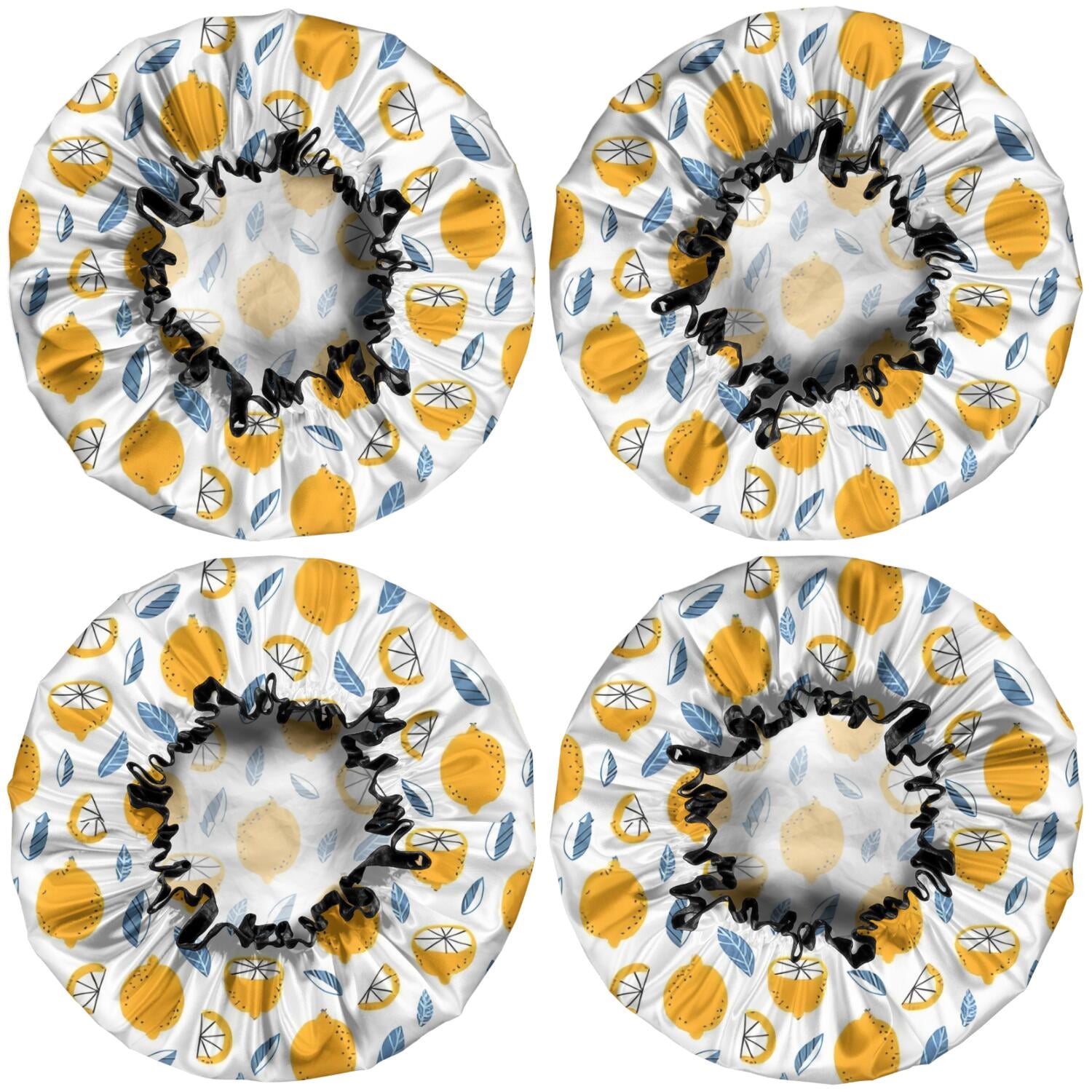 Shower Caps,Yellow Lemon Fruit Slices White Pattern Waterproof Shower Cap for Women 4 Pieces,Double Reusable Hair Cover for Shower PEVA Elastic Stretch Hem