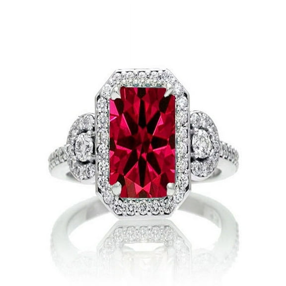 1.5 Carat Emerald Cut Three Stone Ruby Halo Diamond Ring on 10k White Gold
