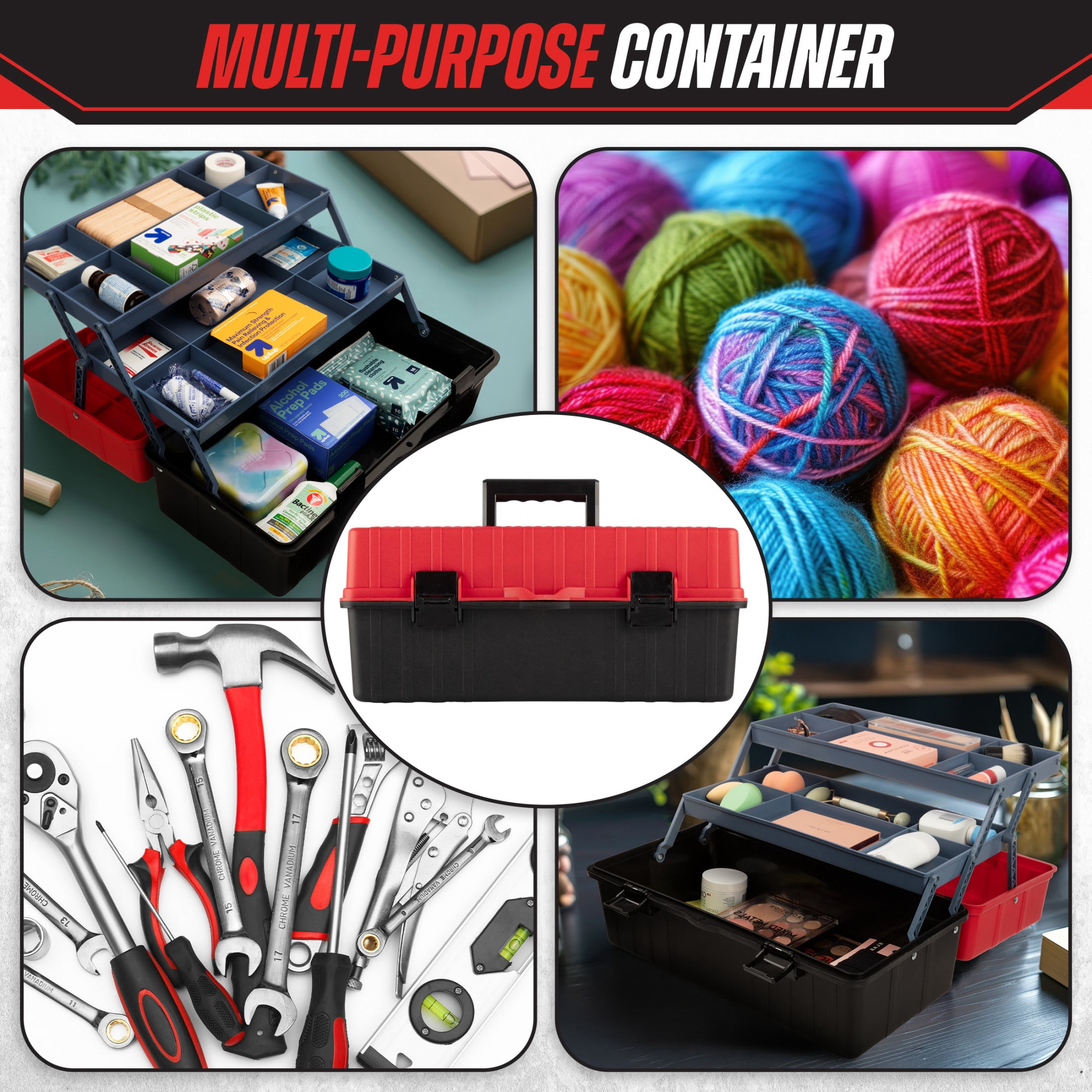 Stalwart Plastic Tool Box Organizer - 15.94in 3-Tier Portable Toolbox or Tackle Box Organizer, Red