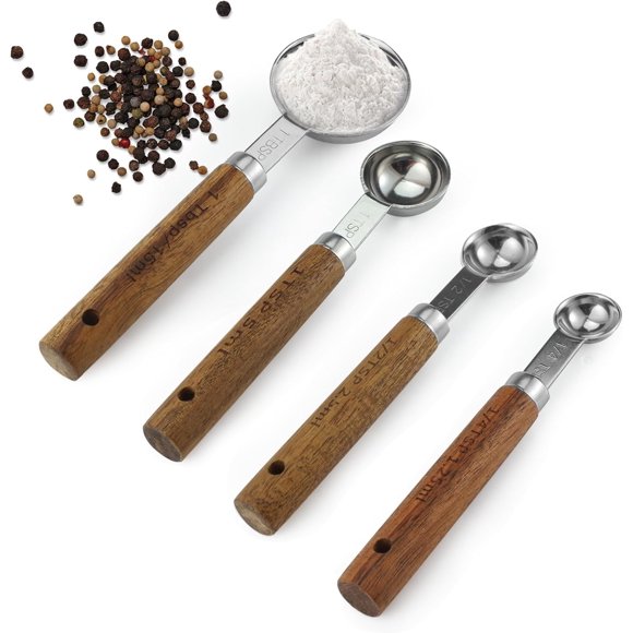 HZXC-Measuring Spoons Set of 4, Stainless Steel Measuring Spoons with Wooden Handle, 1/4 tsp, 1/2 tsp, 1 tsp, 1 tbsp, Tablespoon and Teaspoon Metal Measure Spoon