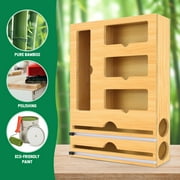 Ziplock Bag Storage Organizer for Kitchen Drawer & Wrap Dispenser with Cutter, 6 in 1 Bamboo Organizer Compatible with 12 Aluminum Foil Roll, Suitable for Gallon, Quart, Sandwich Bags, Roll etc