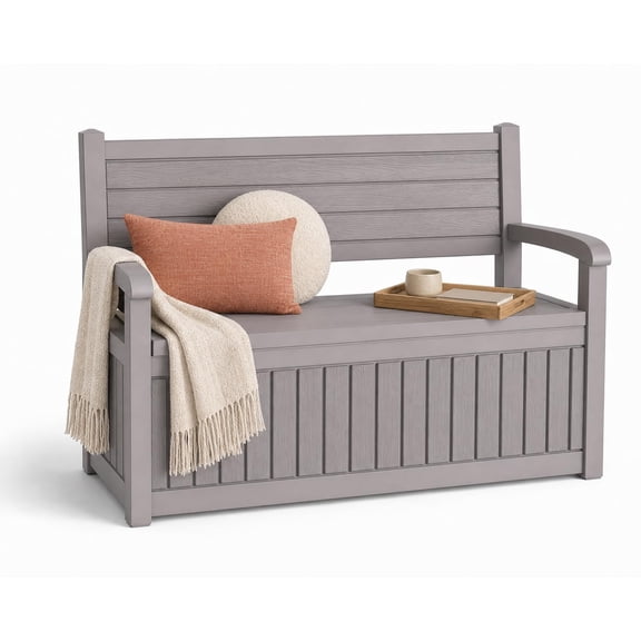 Modern One Hundred Gallon Outdoor Storage Bench Deck Box Waterproof Resin Lockable UV Resistant Patio Furniture Box For Porch Pool Garden Tool Cushion Storage Beige