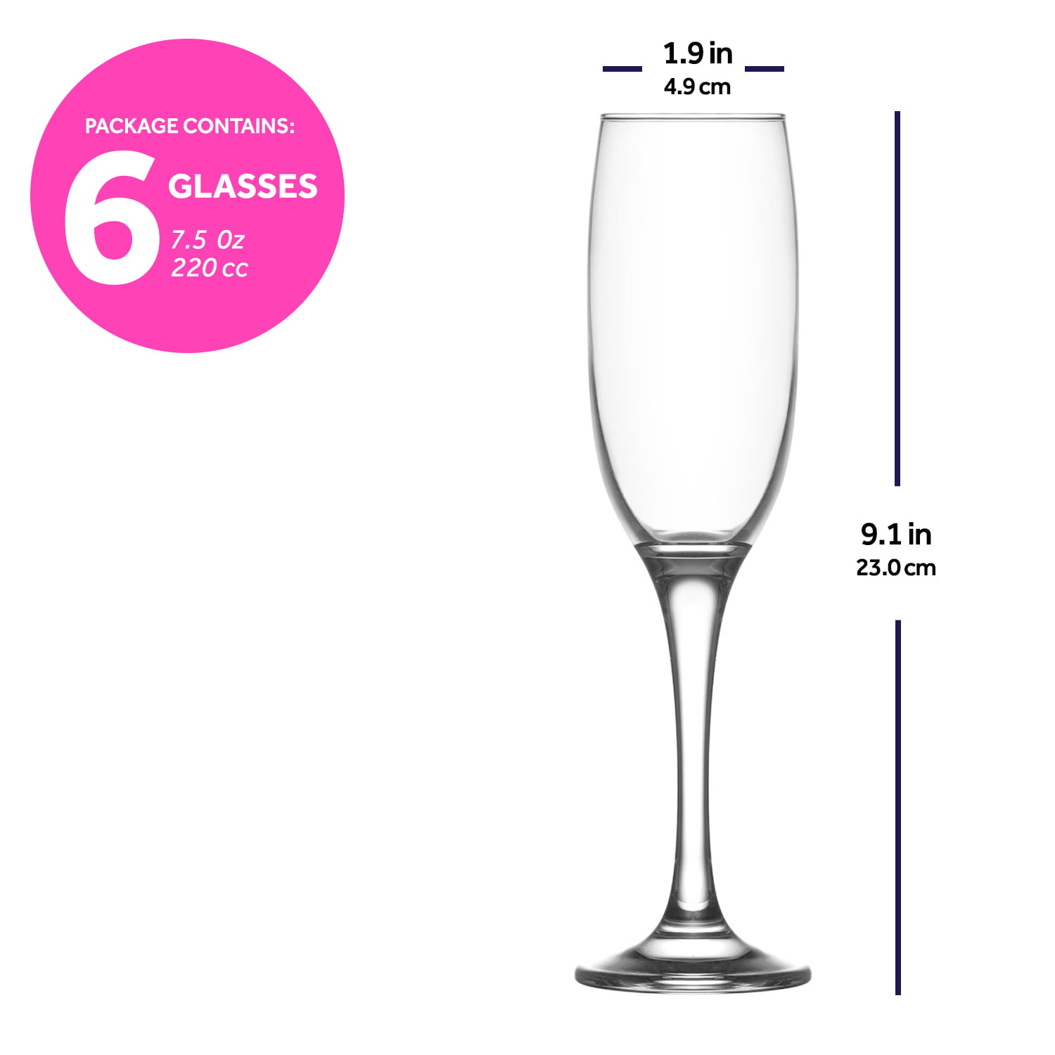 7.5 Ounce Clear Glass Long Steam Lav Champagne Flute Glasses 220 cc Set Of 6 Glass 