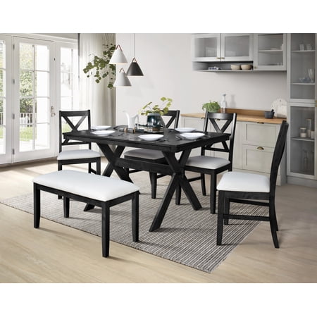 Home Design Oden 6-Piece Dining Set Black/Gray Rectangular Split-Top Table with X-Back Cushioned Chairs and Upholstered Bench Rustic-Modern
