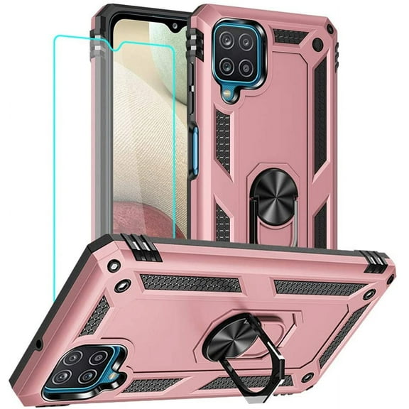 Galaxy A12 Phone Case, Samsung A12 Phone Case with HD Screen Protector, Military Grade Protective Cases with Ring for Samsung Galaxy A12 (Rose Gold)