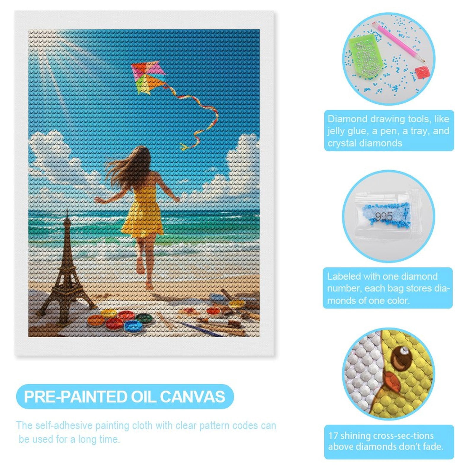 Diamond Art Kits for Adults, Summer Beach Kite Colors Adventure 5D Diamond Painting Kits for Adults Beginners, DIY Full Drill Diamond Painting, Gem Art and Crafts 12x16