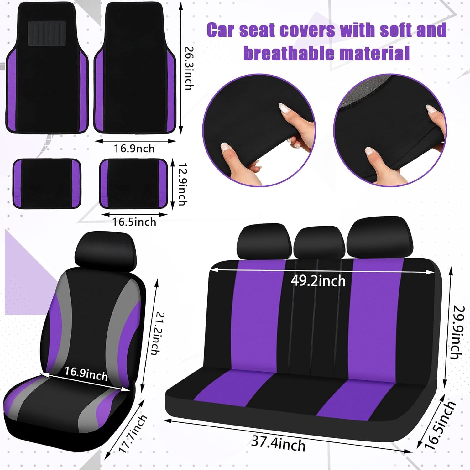 chalian 47 Pcs Car Seat Cover Full Set Car Accessories for Front Rear Seat Fluffy Steering Wheel Cover Belt Automotive Floor Mats Air Conditioner Decoration Strip(Purple)