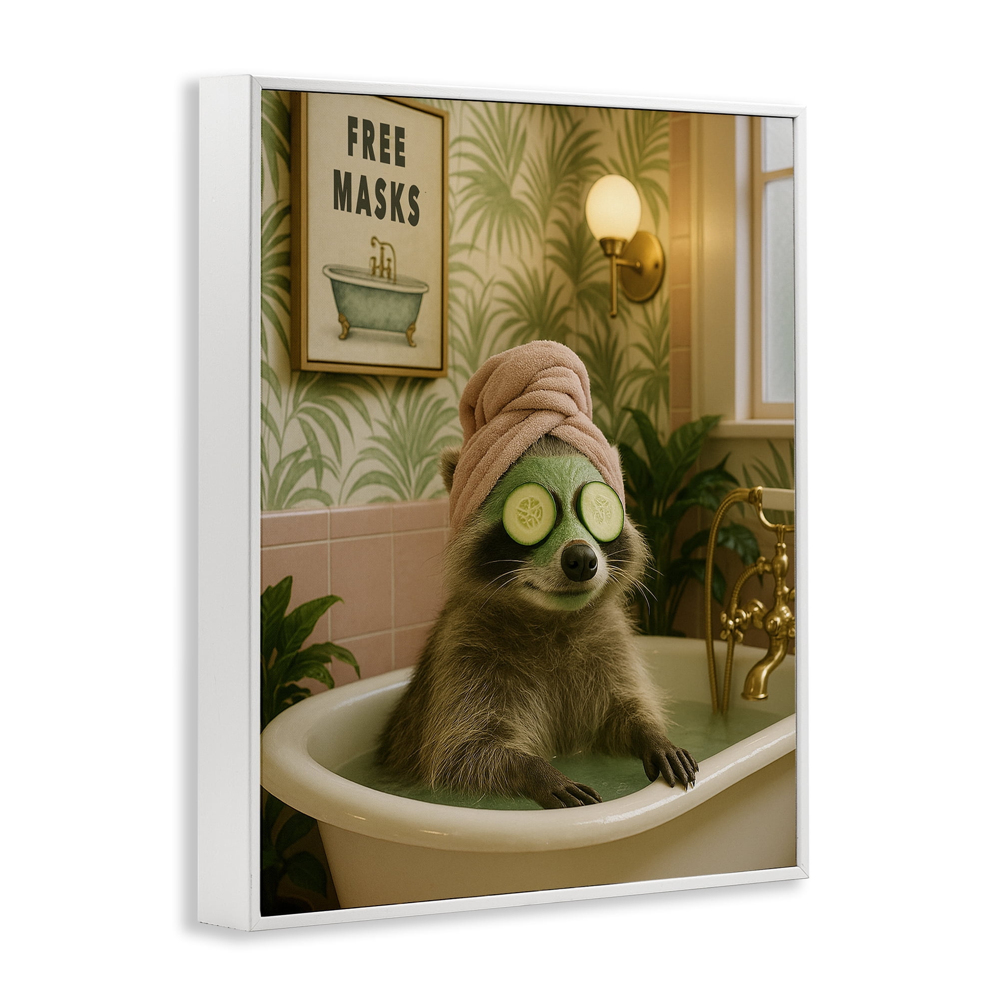 Stupell Industries Raccoon Spa Day Bath White Framed Giclee Art, design by Grotto Studios